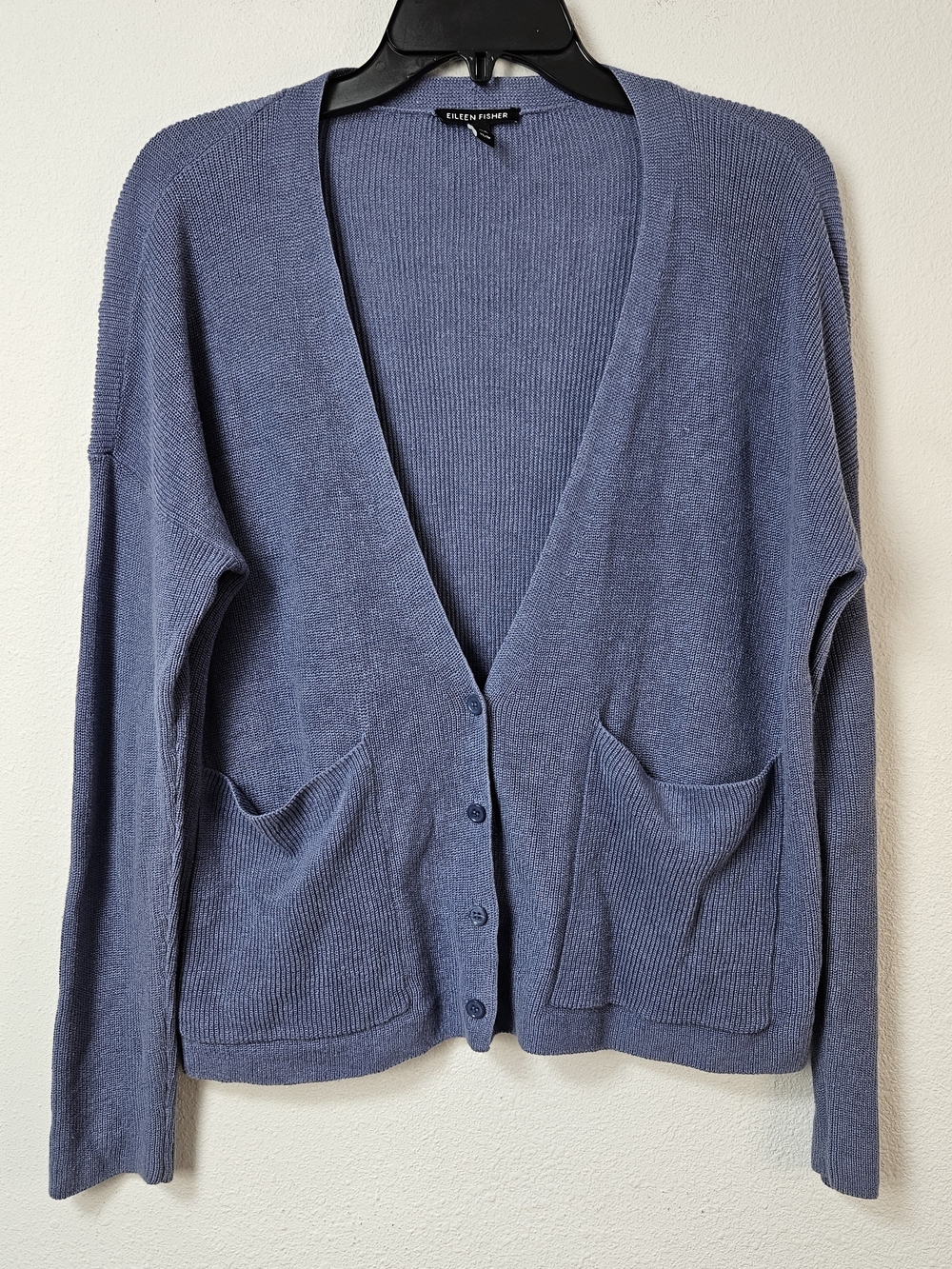 Eileen Fisher Organic Cotton Linen Blend  Blue V-Neck Button Cardigan Size XS